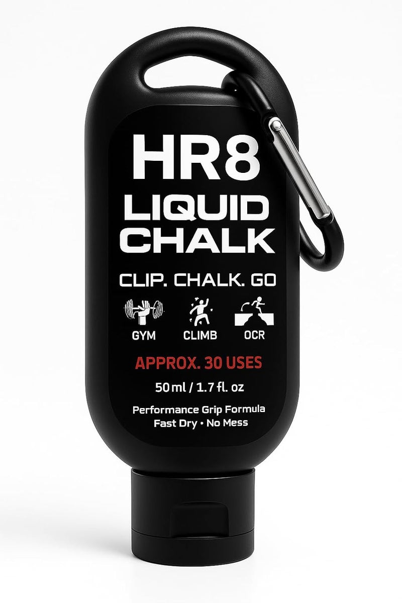 HR8 Liquid Chalk 50ml with Carabiner, Chalkless Mess-Free Grip for Gym, Weightlifting & Rock Climbing Chalk, Liquid Chalk Gym (Up to 30 Uses) - Image 1